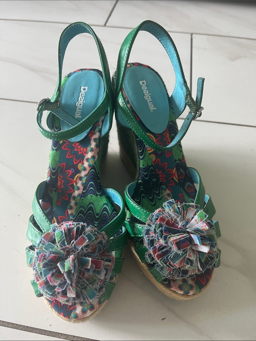 Desigual Green Floral Patterned Espadrille Wedge Sandals